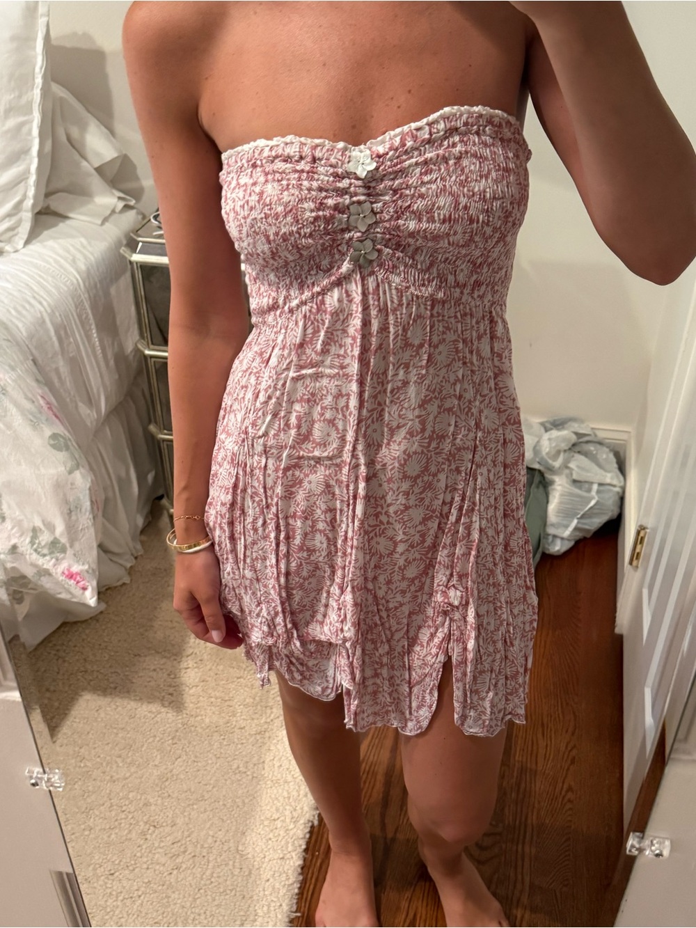 Poupette St. Barth Pink Floral Strapless Smocked Sundress
